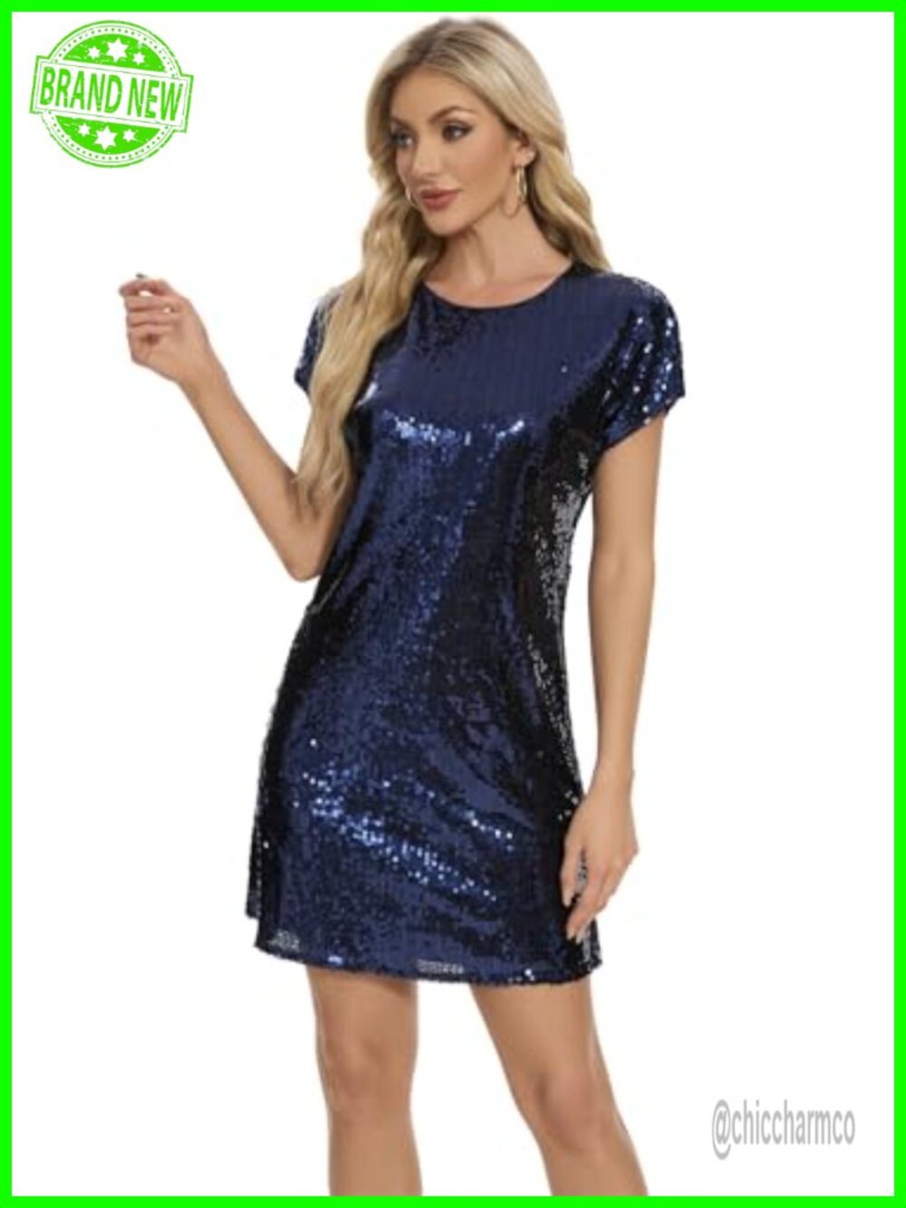 Sequined Crewneck Shift Dress Short Sleeve Sparkly Party Cocktail